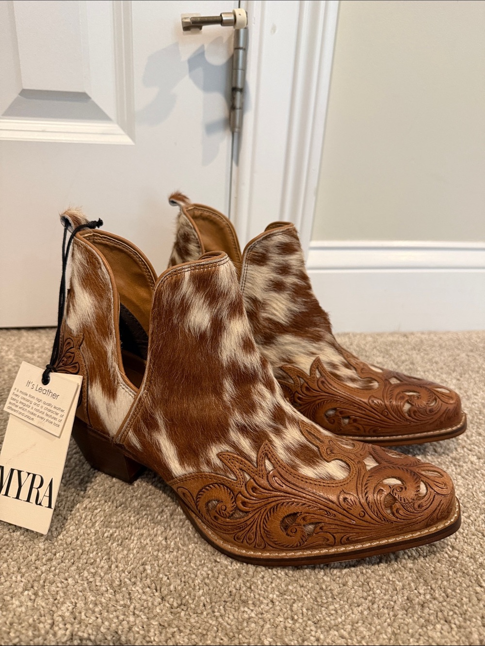 Myra Bag Brown and White Cowhide Leather Ankle Booties